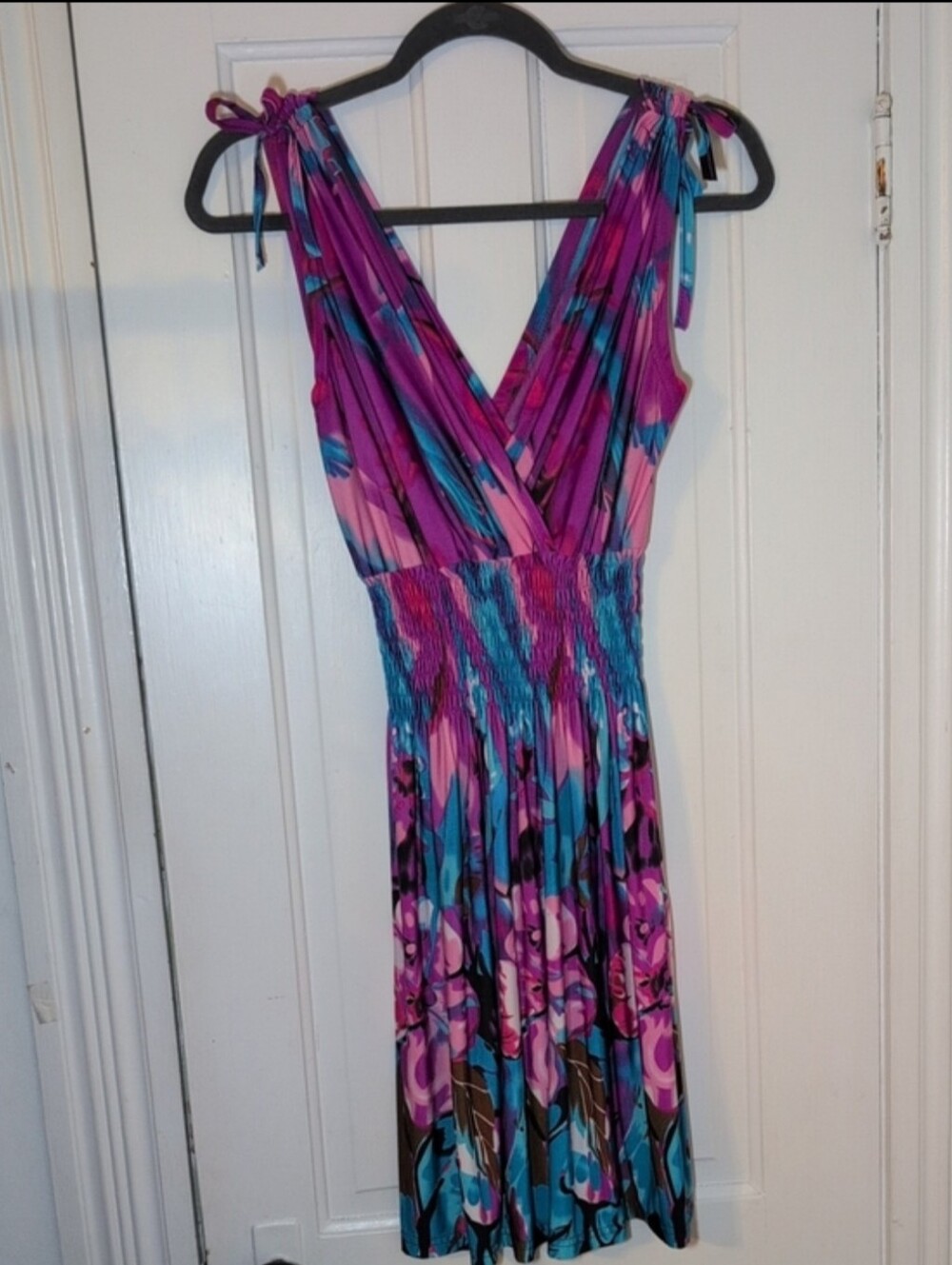 Purple & Teal Floral Midi Dress with Smocked Waist - Picture 5 of 5